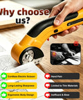 Upgraded Cordless Electric Box Cutter With Self Sharpening Blades And Safe Lock For Easy Cutting Cardboard, Leather, Plastic on work desk.