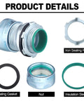 Kickass 10 Pack 1/2 Inch EMT Raintight Compression Connectors showing sealing gasket, nut, insulation sleeve, and iron sealing ring.