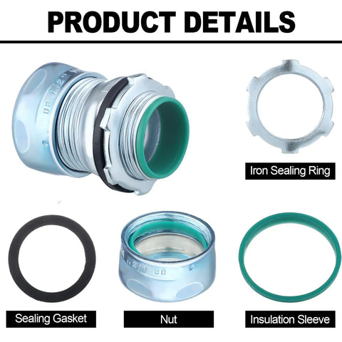 Kickass 10 Pack 1/2 Inch EMT Raintight Compression Connectors showing sealing gasket, nut, insulation sleeve, and iron sealing ring.