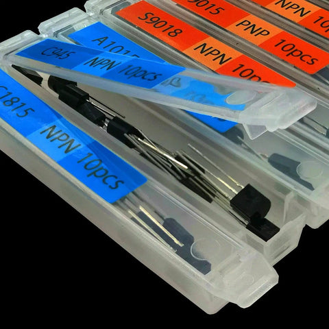 Assorted TO92 Transistors Kit 300 Pcs With 30 Models NPN PNP in labeled compartments for DIY Electronics Projects and Prototyping