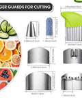 Raiten 9-piece finger guard set: four stainless steel protectors, two thumb guards, two finger cots, crinkle cutter.