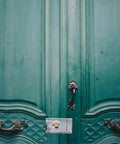 Heavy Duty Stainless Steel Front Door Safety Lock Set Featuring A Beefy Crescent Deadbolt For Foolproof Installation on a teal door.