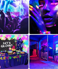 Glow party setup with UV lights highlighting decor, neon face paint, and vibrant stage lighting with 2 Pack 100W UV Flood Lights.