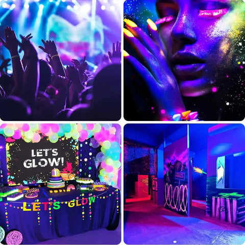Glow party setup with UV lights highlighting decor, neon face paint, and vibrant stage lighting with 2 Pack 100W UV Flood Lights.
