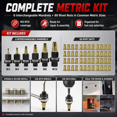 Rivet Nut Tool Kit M3 To M10 With Six Mandrels And Sixty Rivet Nuts Hand Or Drill Compatible Rivnut Setter For Auto And Metal Fabrication Repairs Quick Strong Threaded Inserts, kit layout