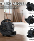 High Velocity 1100 CFM Industrial Air Mover Blower Fan showing 0, 45, 90 degree tilt angles for rapid water damage drying