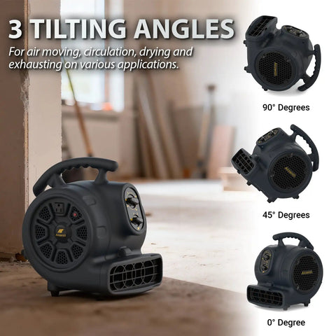 High Velocity 1100 CFM Industrial Air Mover Blower Fan showing 0, 45, 90 degree tilt angles for rapid water damage drying