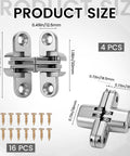 4 Pack Stainless Steel 180 Degree Hidden Cabinet Hinges for Frameless Doors with screws and measurements displayed