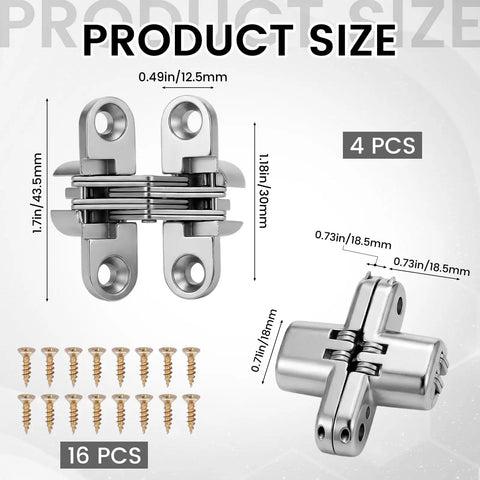 4 Pack Stainless Steel 180 Degree Hidden Cabinet Hinges for Frameless Doors with screws and measurements displayed