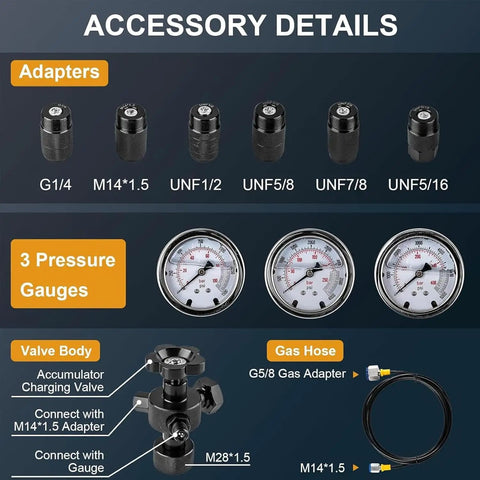 Pro Grade Nitrogen Accumulator Charging Kit With 1500 PSI, 4000 PSI, And 6000 PSI Gauges, All In One Hydraulic Test System, Includes 7 Adapters, Gas Hose And Main Valve Body