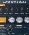 Heavy Duty Hydraulic Accumulator Charging Kit With Three Gauges And Seven Couplings In Aluminum Carry Case, adapters and gauges visible