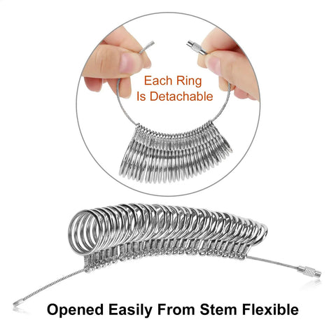 Pro Grade Ring Sizer Tool Kit With Magnified Glass, 27 Piece Premium Steel Ring Measurement Set, detachable rings visible