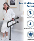 Slick Matte Black Wall To Floor Toilet Safety Grab Bar With Paper Holder Heavy Duty with user support in bathroom setting.