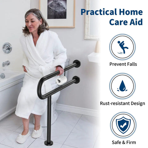 Slick Matte Black Wall To Floor Toilet Safety Grab Bar With Paper Holder Heavy Duty with user support in bathroom setting.