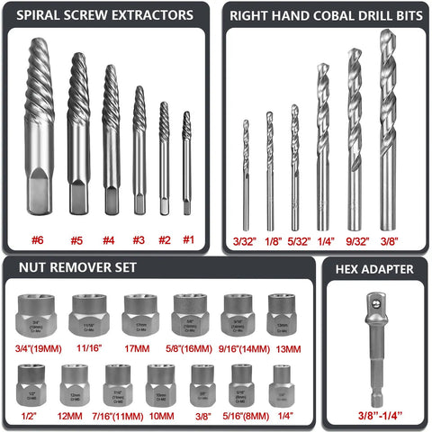 26 Piece Bolt Extractor Kit With Screw And Drill Bit Set Multi-Spline And Spiral Extractors For Broken Studs And Fittings Nut Remover Set Cobalt Drill Bits And Three Eighths To One Quarter Inch Socket Adapter Cr-Mo And HSS DIY Friendly