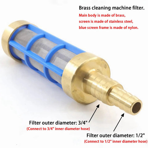 Brass Heavy Duty Inlet Filter For Hose With Three Quarter Inch And One Half Inch Barbs Stainless Steel Screen And Nylon Frame