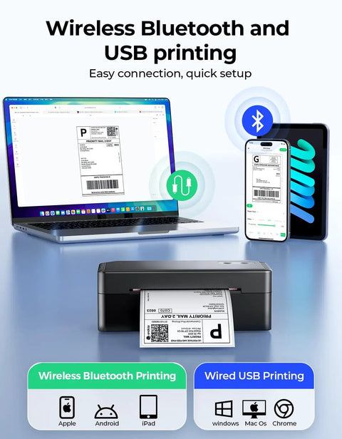 Bluetooth Thermal Label Printer For 4x6 Shipping Labels With Dual USB And Bluetooth Connectivity Compatible With iOS Android Windows Mac
