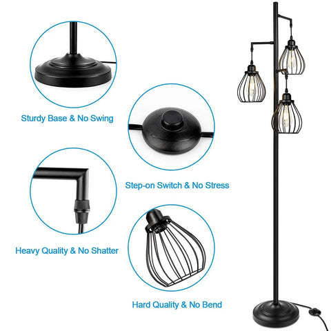 Industrial Tree Floor Lamp With Three Teardrop Cage Heads And ST58 Edison LED Bulbs, Tall Vintage Pole Light With Sturdy Base