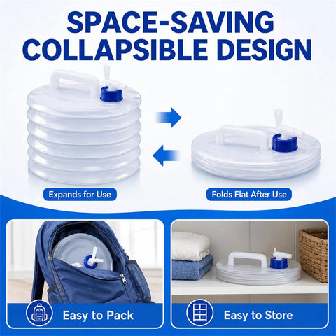 Grab-and-Go Foldable Water Container With Spigot For Camping And Travel, shown expanded and folded for storage