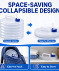 Collapsible Water Container With Spigot For Camping showing expanded and folded states, easy to pack in backpack, space-saving storage.