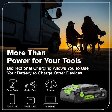 Two people sitting outdoors with sunset, showcasing 24V Brushless Cordless Drill Kit With 1/2 Inch Keyless Chuck and USB-C battery charging.