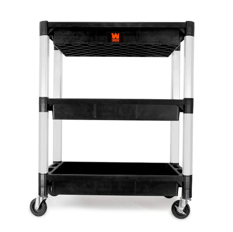 Triple Deck Utility Cart With Three Wide Trays And Dual Handles Does No Sweat Rolling Through Garages Holding Three Hundred Pounds On Steel Frames Features Swivel Casters With Foot Brakes For Secure Tool Transport And Easy Stashing