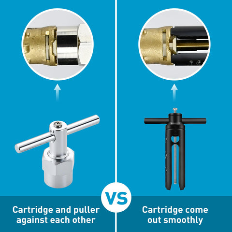 Comparison of cartridge removal tool for Moen 1222 1225 1220 Posi Temp valve, showing initial and smooth extraction process.