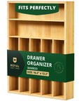 Premium Bamboo Utensil Rack And Silverware Organizer For Kitchen Drawers, 7 Slot Cutlery Tray With Grooved Dividers shown front view