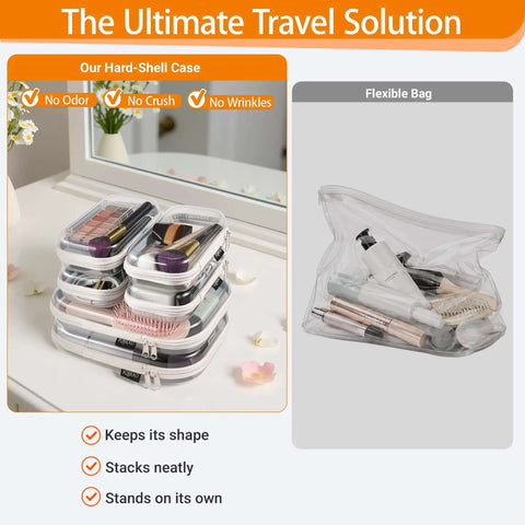 Rock Solid Clear Hard Shell Zipper Cases 6 Pack Travel Organizer Set stacked with makeup brushes and cosmetics in clear hard shell.