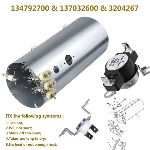 DIY Friendly Dryer Repair Kit With 134792700 Heating Element, 137032600 Thermal High Limit, And 3204267 Thermostat For Electrolux Frigidaire Dryers, Replaces PS2349309 AP4368653 AP4368739 PS2349395 AP21314, includes heating element with thermostat.