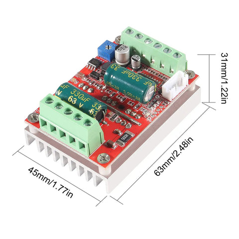 Beefy 400W 6-60V DC Brushless Three-Phase Motor Controller With Hall Sensor, showing dimensions and components