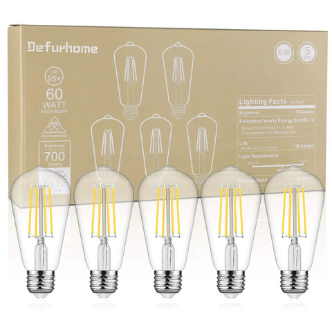 Pack of 5 Vintage Edison Style LED Filament Bulbs 60W Equivalent 4000K Daylight White With 95 Plus CRI Eye Safe Non Dimmable E26 Base