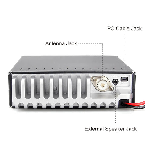 Rear view of Heavy Duty 80W Ham Radio For Truckers And Road Warriors, showing antenna, speaker, and PC cable jacks.