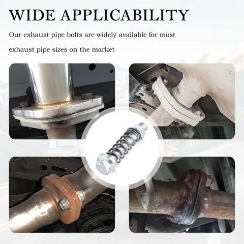 Wide applicability of heavy duty exhaust manifold bolts kit with shock absorbing springs for M10X1.5 exhaust gaskets.
