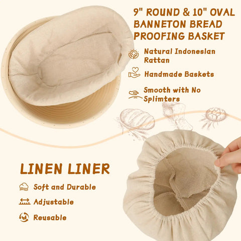 Ultimate Sourdough Starter Kit For Home Bakers With 9 Inch Round And 10 Inch Oval Banneton Proofing Baskets with Linen Liners