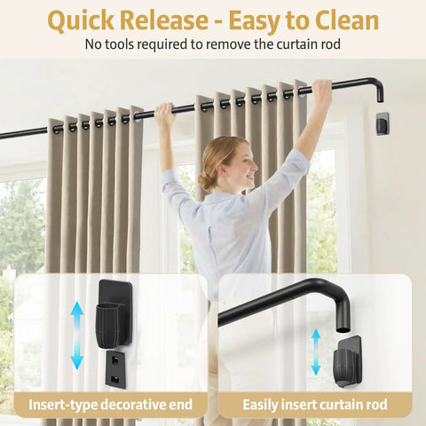 Woman installing Blackout Curtain Rods With Quick Release Wrap Around Design 1 Inch Adjustable Heavy Duty Matte Black For Windows 48 To 84 Inches