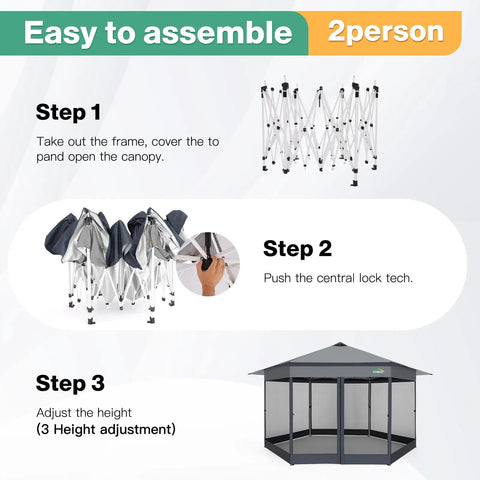 16x16 Pop Up Gazebo Hexagon Canopy Tent With Mosquito Netting assembly steps diagram
