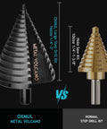 Comparison of OXMUL Metal Vulkan and normal step drill bits, highlighting size and material differences. Product: Large 2 Inch Pro Step Drill Bit With 16 Holes Tri Flat Shank High Speed Steel Set For Metal Wood Plastic Drilling Mid Duty Professional Grade Versatile For Home DIY And Pro Projects.