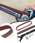 Top Shelf Six Piece Angle Grinder To Belt Sander Conversion Kit compatible with Model 100 shows sand belts and adapter wrench.