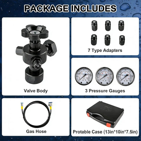 Hydraulic Accumulator Tool Kit With Nitrogen Charging Pro Grade Three Gauges 1500 4000 6000 PSI Six Adapters One Hose One Valve