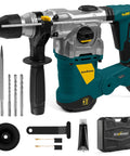 Beastly Power Heavy Duty 1-1/4 Inch SDS Plus Rotary Hammer Drill With 13 Amp Motor, chisel and drill set, blue