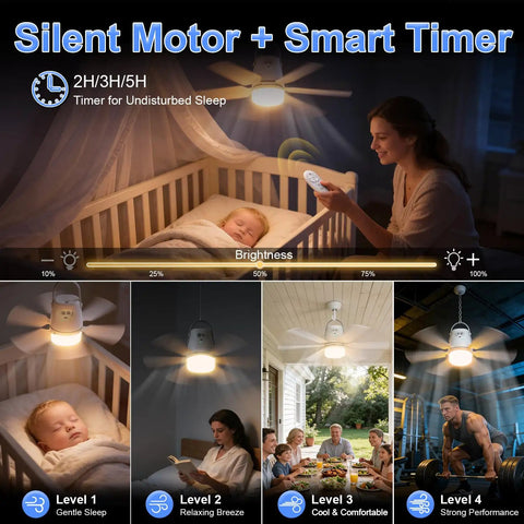 Woman using Outdoor Camping Ceiling Fan With Light And Remote, 20 Inch Portable Fan, 20000mAh Rechargeable Battery in a bedroom