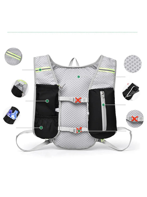 Back view of women running vest with hydration bladder pack for hiking cycling and climbing trail ready ultralight water backpack with reflective strips.