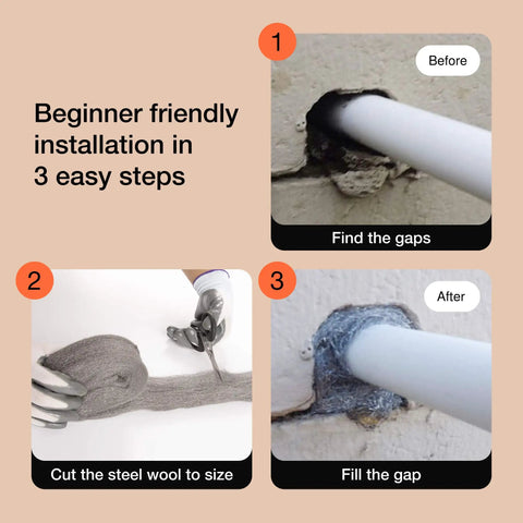 Three Roll Steel Wool Mice Control Kit With Grade Four Thick Excluder Mesh installation steps for doors and pipes.
