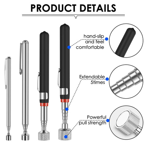 Eight Pack Telescoping Magnetic Pickup Tools With 1.5, 3, 10, And 15 Lb Capacity, stainless steel extendable grabber details.