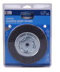 Six Inch Wide Face Bench Grinder Wire Wheel with crimped steel bristles in packaging, designed to clear rust and corrosion.