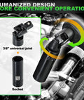 3/8" universal joint and socket from 50 Piece Three Eighths Inch Drive Impact Socket Set With 6 Point SAE And Metric Sockets Ranging 5/16 To 3/4 Inch Deep And Shallow 8 To 22 mm Plus Extensions Universal Joint Adapter CrV Steel shown in automotive use