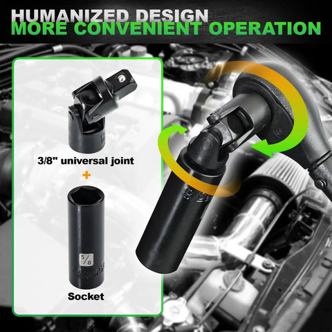 3/8" universal joint and socket from 50 Piece Three Eighths Inch Drive Impact Socket Set With 6 Point SAE And Metric Sockets Ranging 5/16 To 3/4 Inch Deep And Shallow 8 To 22 mm Plus Extensions Universal Joint Adapter CrV Steel shown in automotive use