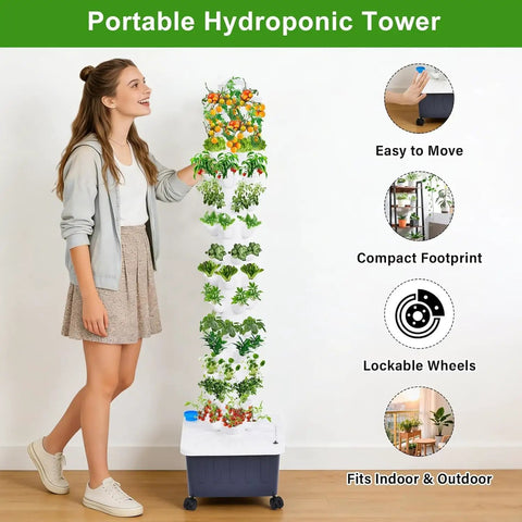 14 Layer Vertical Hydroponic Garden System Kit With 70 Slots And A 20L Water Tank And Pump in use indoors, showing compact design