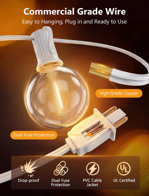 LED Outdoor String Lights 50Ft With 52 G40 Globe Bulbs Waterproof Plug-In Shatterproof Warm White On White Wire For Backyard Patio Garden Balcony Party Wedding Decor Energy Saving
